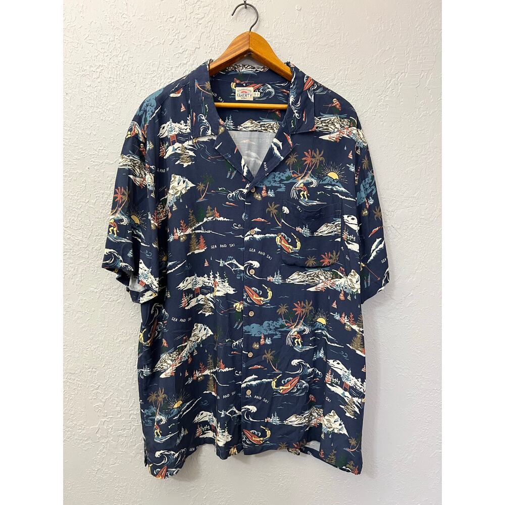 FAHERTY Camp Shirt Mens XXL Navy Button Up Short Sleeve Sea to Ski Summer Casual